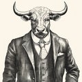 Vintage Troubadour Style Bull Illustration In Realistic Hyper-detail