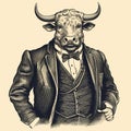 Vintage Illustration Of A Bull Wearing A Coat And Bow Tie