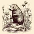 Hand Engraved Gothic Style Beaver Illustration On Grass