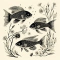 Harmony With Nature: Black And White Golden Age Illustration Of Fish And Plants