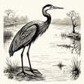 Vintage Heron Woodcut Engraving: Dark Academia Halloween Clipart