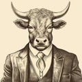 Vintage Cinematic Bull Illustration: Handmade Art With Satirical Charm