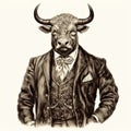 Vintage Elegance: An Intriguing Illustration Of An Old Bull Dressed As A Man