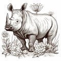 Detailed Crosshatched Vector Illustration Of Rhinoceros With Flowers