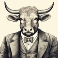 Vintage Aesthetic Bull In Suit And Tie Drawing