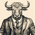 Vintage Poster Design: Satirical Illustration Of Anthropomorphic Bull In Suit
