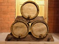 Antique wooden barrels of gunpowder. Close-up Royalty Free Stock Photo