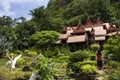 Antique wooden building thai style and gardening park garden with lake mountain for travelers people travel visit respat praying