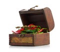 Antique wooden chest and spices Royalty Free Stock Photo