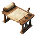 Antique Wooden Desk With Scroll And Seals. Historical Document And Writing Tools Rustic Table Isolated On Transparent Royalty Free Stock Photo