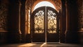 Antique, wooden door adorned with intricate ironwork surrounded by a glow of warm inviting light