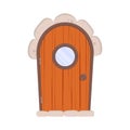 Antique wooden door with a round window. Stone cladding. Wood texture. Cartoon style. Isolated, vector illustration. Royalty Free Stock Photo