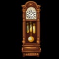 Antique wooden grandfather clock isolated on a black background. Vector illustration.