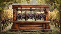 Antique Grape Press in Vineyard with Ripe Bunches Royalty Free Stock Photo