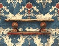 Antique wooden shelf with decorative elements against patterned wall Royalty Free Stock Photo