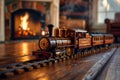 An antique wooden toy train on hardwood floor with a cozy fireplace in the background Royalty Free Stock Photo