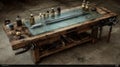 Antique Workbench with Glass Top and Vintage Tools on Display Royalty Free Stock Photo