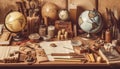 Antique world map on rustic homemade desk generated by AI Royalty Free Stock Photo