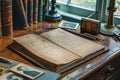 Antique Writing Desk with Open Vintage Journal, Quill Pen and Inkwell, Classical Study Room Setting with Old Photographs and Books Royalty Free Stock Photo