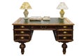 Antique writing desk, with table lamps, magazines and brochures