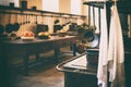 Antique XIX century old kitchen with tools, pans, pots and food ingredients Royalty Free Stock Photo