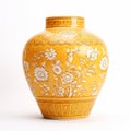 Antique Yellow Silk Vase With Intricate Patterns On White Surface