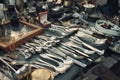 Antiques on flea market or festival, vintage silver cultery - spoons, knifes, forks and other vintage things. Collectibles Royalty Free Stock Photo