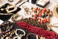 Antiques at flea market or garage sale - vintage jewelry, retro beads necklace and other vintage things Royalty Free Stock Photo