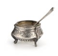 antiques silver saltcellar with silver spoon Royalty Free Stock Photo