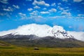 Antisana volcano in Ecuador, South America. Volcano with ice and snow, sunny day with blue sky and white clouds. Landscape in
