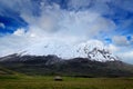 Antisana volcano in Ecuador, South America. Volcano with ice and snow, sunny day with blue sky and white clouds. Landscape in