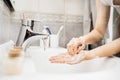 Antiseptic hand washing procedure with soap and water.Decontamination steps of good hand hygiene practice.Cleaning routine for