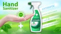 Antiseptic for hands spray dispenser. Hand Sanitizer ads in container with leaves elements. Antibacterial effect, best protection