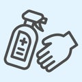 Antiseptic spray bottle for hands line icon. Disinfectant and hand outline style pictogram on white background. Corona Royalty Free Stock Photo