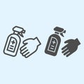 Antiseptic spray bottle for hands line and solid icon. Disinfectant and hand outline style pictogram on white background Royalty Free Stock Photo