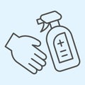 Antiseptic spray bottle for hands thin line icon. Disinfectant and hand outline style pictogram on white background Royalty Free Stock Photo