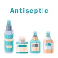 Set of cosmetic bottles and antiseptic text with copy space on white isolated backdrop.