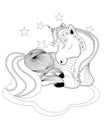 Antistress adult coloring book unicorn on cloud and stars. Vector illustration for coloring page.