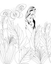 Antistress coloring book for adults. Beautiful young girl in the garden.