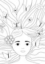 Antistress coloring book for girls. Black and white vector illustration portrait of a girl with flowers and butterflies in her Royalty Free Stock Photo