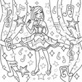 Antistress coloring page for adults and children, a girl in a dress on the stage with backstage, around elements: notes, hearts, s