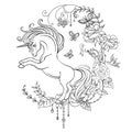 Antistress coloring unicorn with flowers vector illustration Royalty Free Stock Photo
