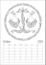 2020 Antistress Horoscope calendar planner, doodle illustration Royalty Free Stock Photo