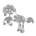 Antistress linear page with horse. Zentangle animal for colouring book, greeting card, mandala decoration element, art