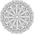 Antistress mandala with curls and arches, zen coloring page with doodle patterns and tangles