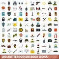 100 antiterrorism book icons set, flat style