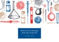 Antiviral therapy and vaccination backgroundt. Hand drawn vector illustrations. Vaccine in bottles, laboratory equipment,