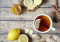 Antiviral useful drink ginger tea. Healthy . With lemon, honey and slices of on wooden table.