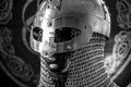 antivirus or firewall concept, Viking warrior helmet with chainmail over silver shield