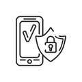 Antivirus mobile application in smartphone black line icon. Pictogram for web page, mobile app, promo. UI UX GUI design element.